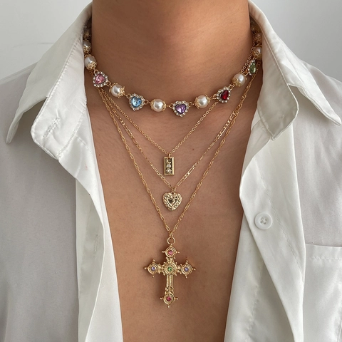 Retro Mehrlagige Kreuz Anhänger Halskette Set Für Herren Damen Gold Silber Überzogene Künstliche Perle Bunte Strass Herz Anhänger Choker Y2K Hip Hop Schmuck