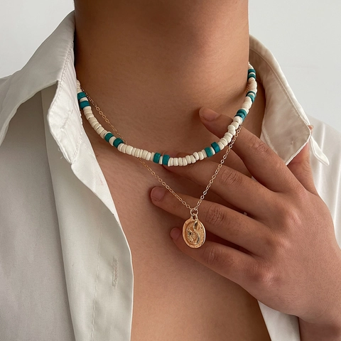 Collier Double Rang Bohème pour Homme Perles en Bois de Coco Alliage Pendentif Pièce Nautilus Or Chaîne de Clavicule Bijoux