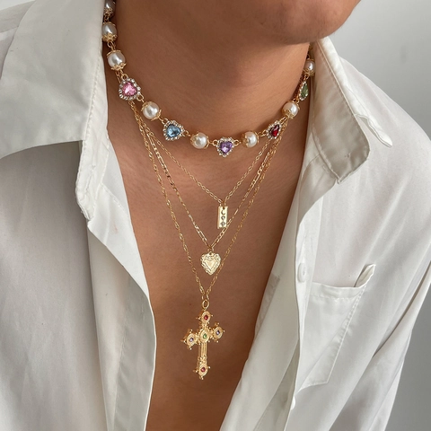 Retro Mehrlagige Kreuz Anhänger Halskette Set Für Herren Damen Gold Silber Überzogene Künstliche Perle Bunte Strass Herz Anhänger Choker Y2K Hip Hop Schmuck