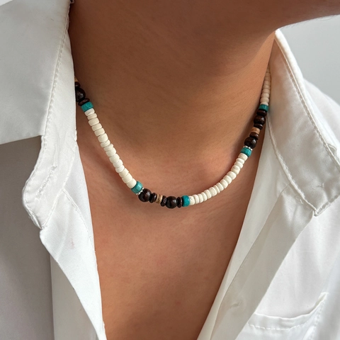 Collana di Perline in Guscio di Cocco Bohémien da Uomo Fatta a Mano Choker Surfer Gioielli da Spiaggia Etnici Perle di Legno