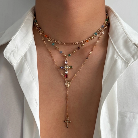 Vintage Alloy Multi-Layered Cross Necklace For Men Women Colorful Crystal Beads Rosary Religious Pendant Necklaces