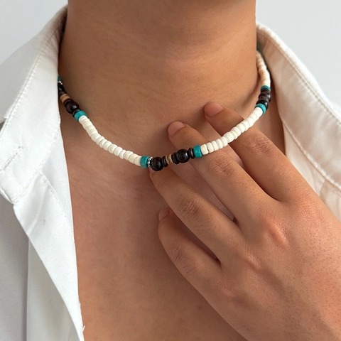 Collana di Perline in Guscio di Cocco Bohémien da Uomo Fatta a Mano Choker Surfer Gioielli da Spiaggia Etnici Perle di Legno