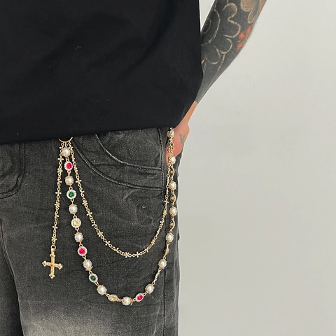 Catena da Vita in Metallo Multistrato Hip Hop Con Ciondolo a Croce Künstliche Perle Sintetiche Strass per Uomo Donna Gioielli Streetwear