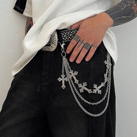Cadena de Pantalón de Aleación Multicapa Hip Hop para Hombre Colgantes de Cruz Gótica Street Style Cadena de Cintura para Jeans