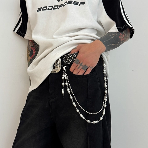 Men Hip Hop Multilayer Faux Artificial Pearl Spliced Metal Pants Chain Silver Color Waist Chain For Jeans Streetwear Jewelry Accessary