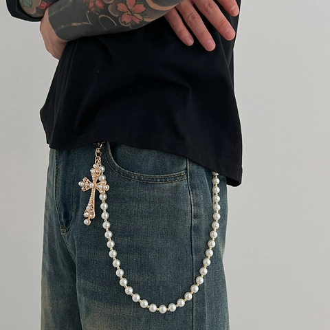 Cadena para Pantalones con Colgante de Cruz de Perla Artificial de Imitación Barroca Vintage Aleación Hip Hop para Hombre Mujer