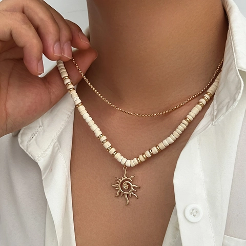 Bohemian Double Layered Coconut Shell Beaded Necklace Alloy Sun Shell Starfish Pendant Summer Beach Necklace For Men Women