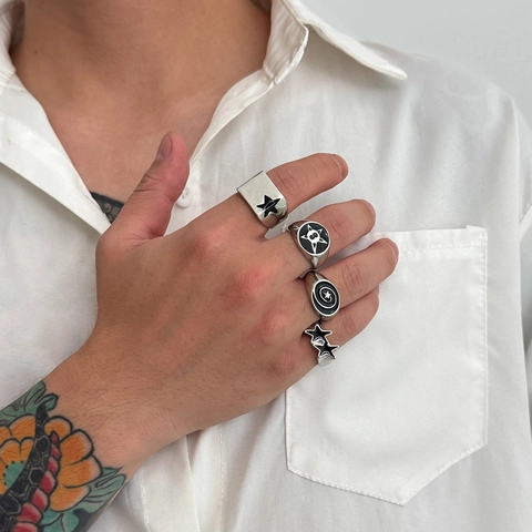 Men's Hip Hop Star Number 8 Ring Set Vintage Punk Alloy Black Enamel Open Adjustable Finger Rings Streetwear Jewelry
