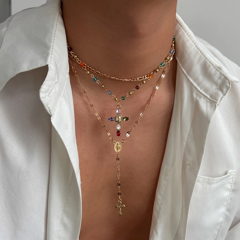 Vintage Alloy Multi-Layered Cross Necklace For Men Women Colorful Crystal Beads Rosary Religious Pendant Necklaces