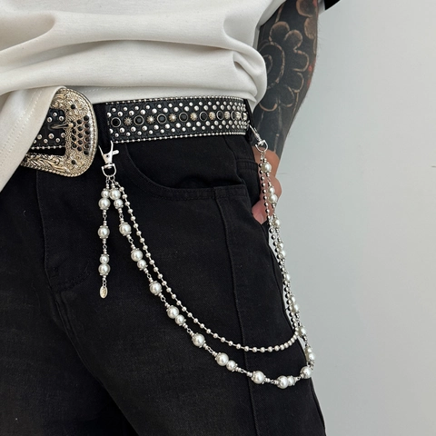 Men Hip Hop Multilayer Faux Artificial Pearl Spliced Metal Pants Chain Silver Color Waist Chain For Jeans Streetwear Jewelry Accessary