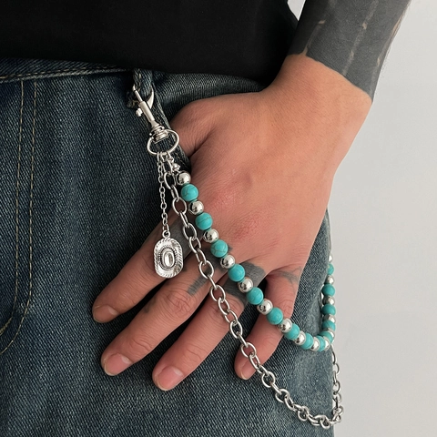 Dubbele Laag Broekketting Synthetisch Turkoois Kralen Gordelketting Met Cowboyhoed Hanger Vintage Tailleketting Voor Dames Heren