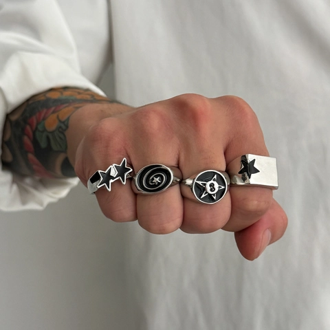 Men's Hip Hop Star Number 8 Ring Set Vintage Punk Alloy Black Enamel Open Adjustable Finger Rings Streetwear Jewelry