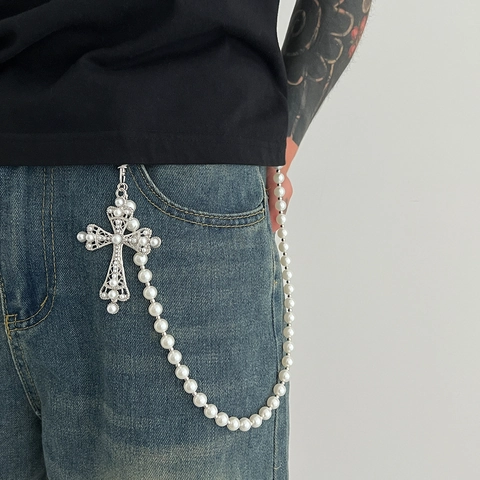 Cadena para Pantalones con Colgante de Cruz de Perla Artificial de Imitación Barroca Vintage Aleación Hip Hop para Hombre Mujer