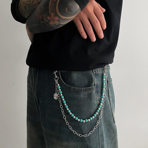 Dubbele Laag Broekketting Synthetisch Turkoois Kralen Gordelketting Met Cowboyhoed Hanger Vintage Tailleketting Voor Dames Heren