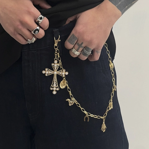 Catena per Pantaloni Hip Hop in Lega Placcata Oro Con Ciondoli Croce Perla Artificial Sintetica Cappello da Cowboy Cactus Gioielli Punk