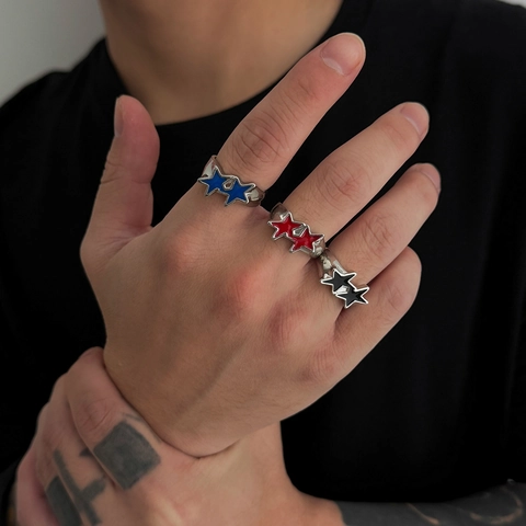 Hip Hop Double Star Enamel Open Ring For Men Alloy Drip Oil Pentagram Adjustable Ring Vintage Streetwear Jewelry Gift