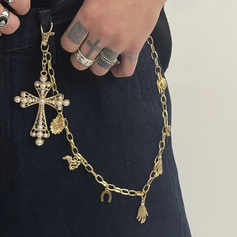 Catena per Pantaloni Hip Hop in Lega Placcata Oro Con Ciondoli Croce Perla Artificial Sintetica Cappello da Cowboy Cactus Gioielli Punk