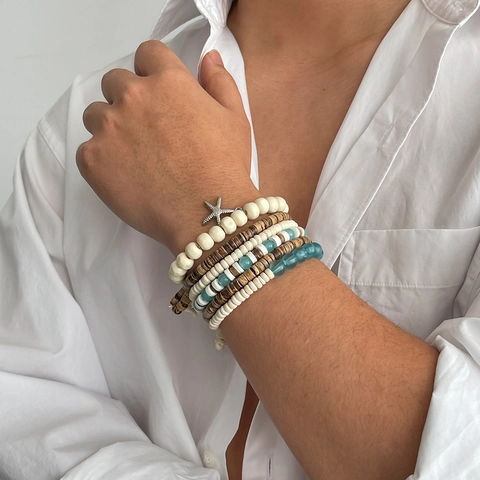 Bohemian Men Beaded Bracelet Set Wood Coconut Shell Resin Bead Alloy Starfish Pendant Stackable Hip Hop Beach Jewelry