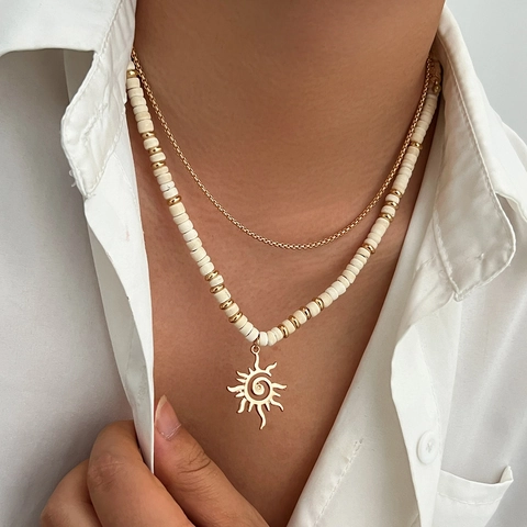Bohemian Double Layered Coconut Shell Beaded Necklace Alloy Sun Shell Starfish Pendant Summer Beach Necklace For Men Women