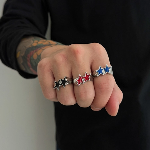 Hip Hop Double Star Enamel Open Ring For Men Alloy Drip Oil Pentagram Adjustable Ring Vintage Streetwear Jewelry Gift