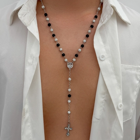 Hip Hop Rosary Necklace With Cross Pendant Alloy Rhinestone Beaded Chain For Men Religious Fashion Jewelry Necklace