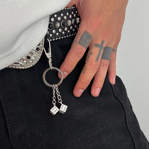 Hip Hop Metalen Dobbelsteen Sleutelhanger Heren Vrouwen Punk Streetwear Riemhaak Broek Ketting Decoratie Dubbele Dobbelsteen Legering