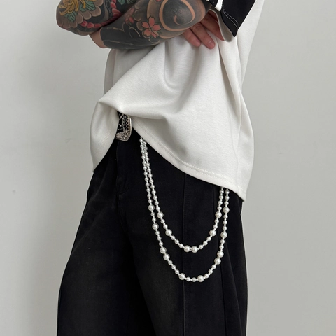 Catena da Pantalone Hip Hop a Doppio Strato con Perle Artificiali Streetwear Chiusura in Lega Catena Girovita Gioielli Unisex