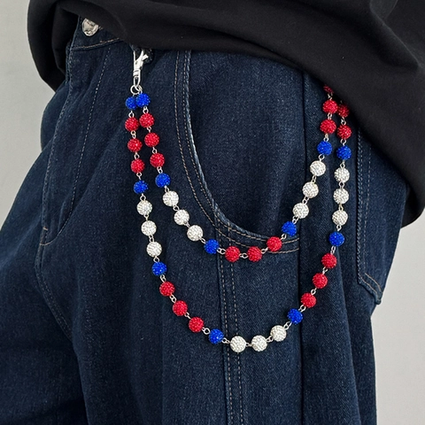 Cadena de Pantalones de Doble Capa Hip Hop para Hombre Aleación Bola de Diamantes de Imitación de Colores Cadena de Cintura Joyería