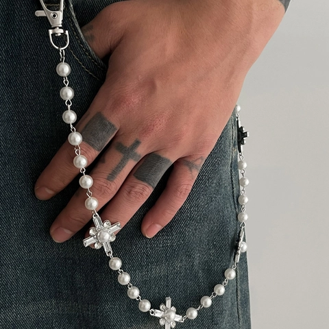 Hip Hop Men Cross Pendant Pants Chain Artificial Pearl Rhinestone Waist Chain Street Fashion Metal Jeans Accessory