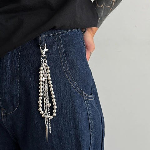 Punk Mehrlagige Metall Hosenkette Schlüsselanhänger Mit Herz Und Spike Anhänger Silber Legierung Perlen Hip Hop Streetwear Herren Tasche Zubehör