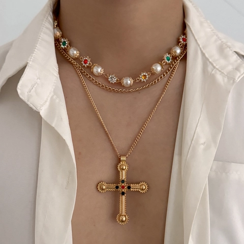 Retro Legierung Mehrlagig Kreuz Anhänger Halskette Für Herren Imitierte Künstliche Perle Strass Gesteckt Hip Hop Schmuck Set