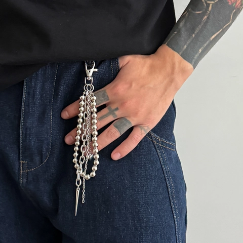 Punk Mehrlagige Metall Hosenkette Schlüsselanhänger Mit Herz Und Spike Anhänger Silber Legierung Perlen Hip Hop Streetwear Herren Tasche Zubehör