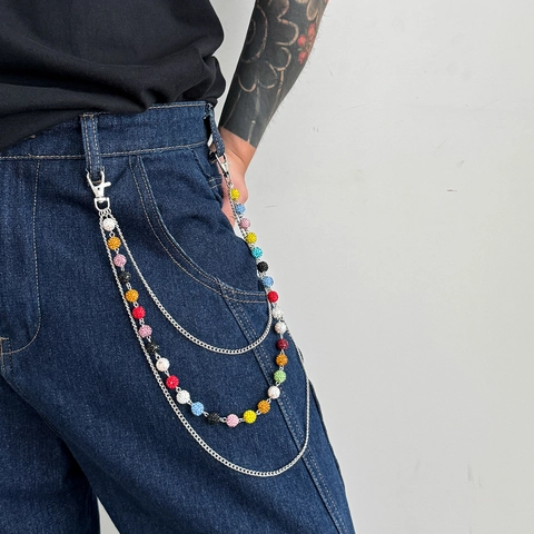 Catena da Pantaloni in Metallo Punk Hip-Hop Sfere di Strass Colorate Catena da Vita Multistrato Accessorio Jeans Uomo