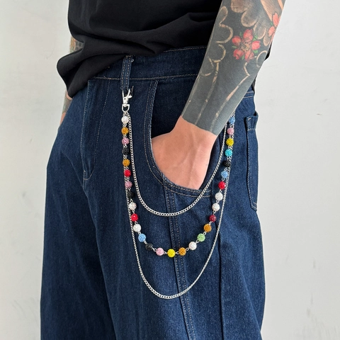 Catena da Pantaloni in Metallo Punk Hip-Hop Sfere di Strass Colorate Catena da Vita Multistrato Accessorio Jeans Uomo