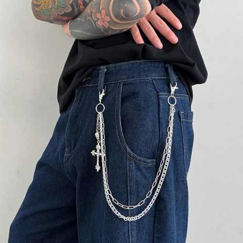 Catena da Pantaloni in Metallo Multistrato Gotica per Uomo Ciondolo a Croce Teschio in Lega Argento Hip Hop Punk Gioielli