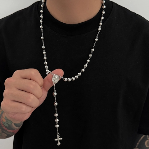 Men's Stainless Steel Rosary Necklace Alloy Cross Pendant Hip Hop Fashion Long Bead Chain Religious Style Jewelry Gift