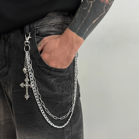 Catena da Pantaloni in Metallo Multistrato Gotica per Uomo Ciondolo a Croce Teschio in Lega Argento Hip Hop Punk Gioielli