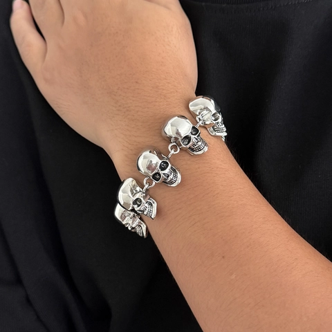 Pulsera de Calavera para Hombre Plata Antigua Vintage Punk Gótico Hip Hop Cadena de Mano de Aleación Joyería Halloween