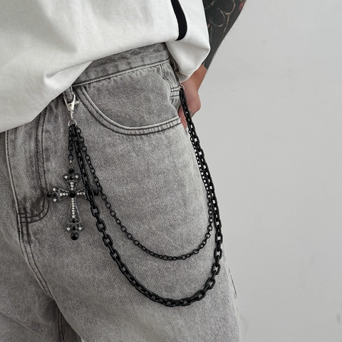 Cadena para Pantalones Multicapa Punk Gótico Con Colgante de Cruz Calavera Strass Cadena de Cintura Metal Negro Joyería Streetwear