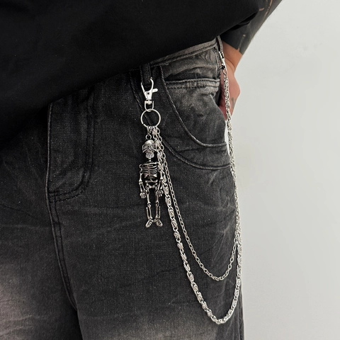 Catena da Pantaloni da Uomo Gothic Punk Scheletro Doppio Strato Argento Lega Ferro Catena da Vita Hip Hop Streetwear Catena Portafoglio