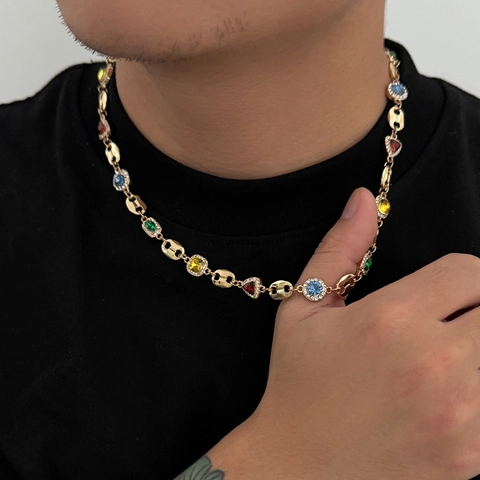 Hip Hop Alloy Colorful Zirconia Necklace And Bracelet For Men Vintage Gold Silver Plated Coffee Bean Link Chain Jewelry