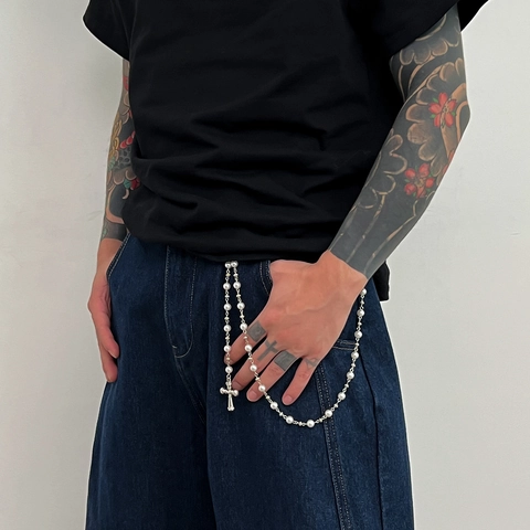 Hip Hop Imitatie Kunstparel Broekketting Voor Heren Met Metalen Kruis Hanger Goud Zilver Legering Beaded Street Style Taille Ketting