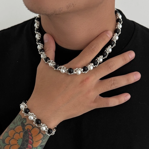 Men Hip Hop Iron Chain Wrapped Imitation Artificial Pearl Necklace And Bracelet Gold Silver Plated Vintage Punk Jewelry Gift