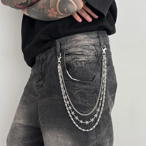 Punk Multi Layer Metal Pants Chain With Star Charms Men Hip Hop Gothic Waist Chain Silver Alloy Jeans Hanging Jewelry