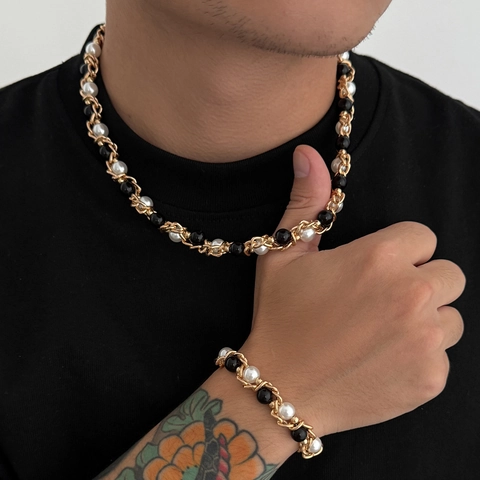 Men Hip Hop Iron Chain Wrapped Imitation Artificial Pearl Necklace And Bracelet Gold Silver Plated Vintage Punk Jewelry Gift