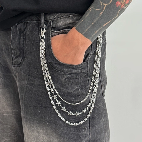 Punk Multi Layer Metal Pants Chain With Star Charms Men Hip Hop Gothic Waist Chain Silver Alloy Jeans Hanging Jewelry