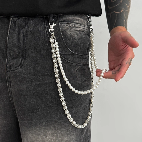 Catena per Pantaloni in Metallo con Perle a Doppio Strato Hip Hop High Street Streetwear Catena da Vita da Uomo in Perle Artificiali