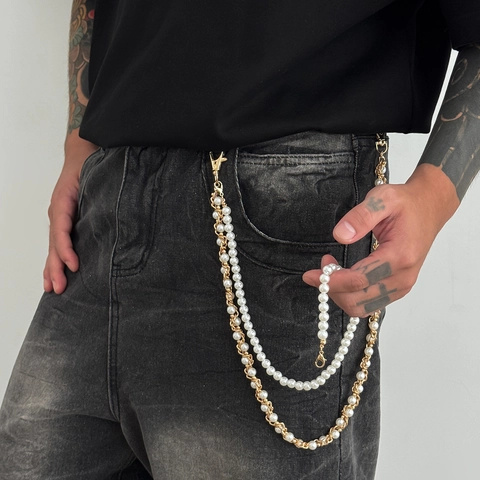 Catena per Pantaloni in Metallo con Perle a Doppio Strato Hip Hop High Street Streetwear Catena da Vita da Uomo in Perle Artificiali