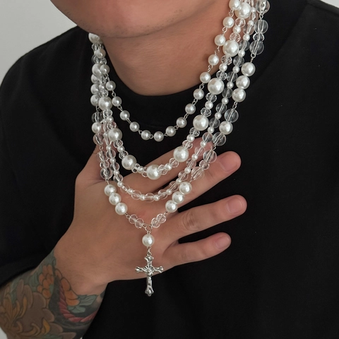 Collier Multi-rangs Hip Hop en Perles Artificielles et Cristal Acrylique Avec Pendentif Croix en Alliage Bijoux Streetwear Punk Gothique Pour Hommes Femmes