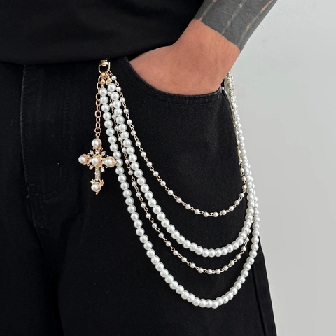 Hip Hop Multi Layer Artificial Pearl Cross Waist Chain Alloy Metal Pant Chain Gold Silver Streetwear Fashion Jewelry